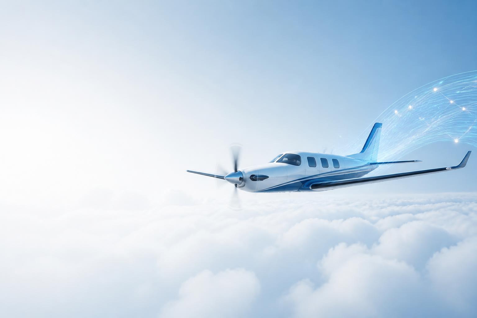 A Piper Meridian-inspired aircraft flying through clouds with digital data streams